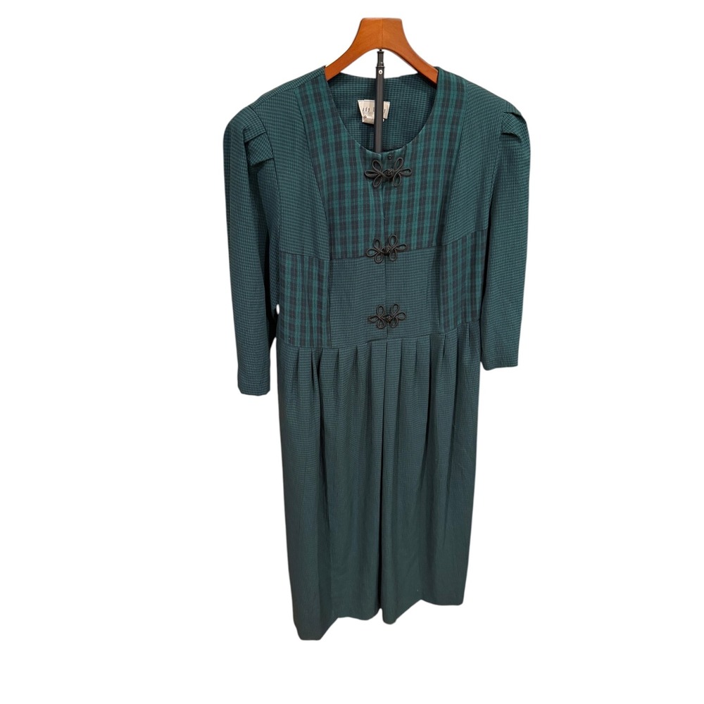 Vtg 90s Lady Dorby Green Plaid Frog Closure Midi Dress Modest Grandmacore 18W